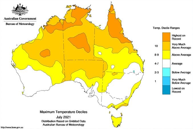 Image 1: Mean temperature deciles (maximum and minimum temperatures combined) for Australia during July 2021 (Source: Bureau of Meteorology)