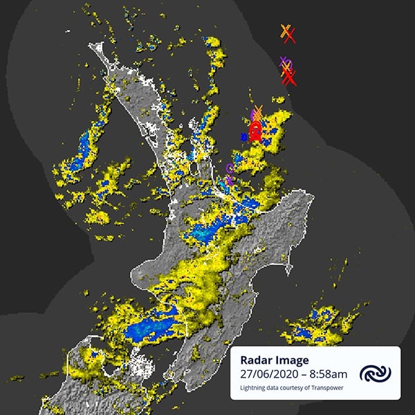 NZ Radar at rough time (8:58am) of tornado activity on the morning of Saturday, 27th June 2020 via NZ MetService