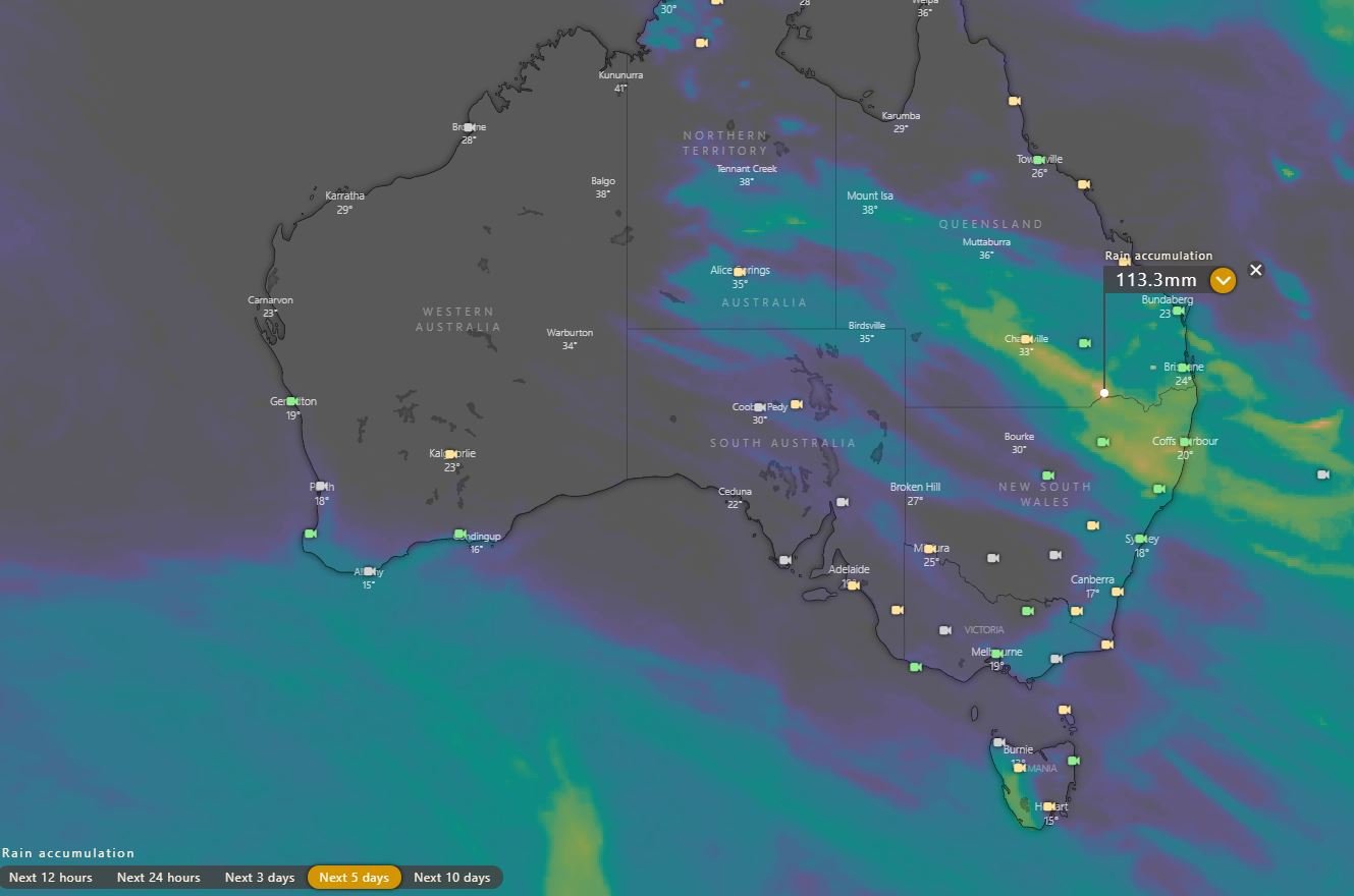 Image 2: Accumulated precipitation across the next 5 days from the GFS Model (Source: Weatherwatch Metcentre)