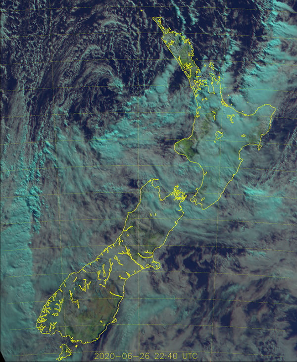 Satelitte Imagery (Natural Color) of the low-pressure system sitting to the east of the North Island as of this morning, Saturday, 27th June, 2020