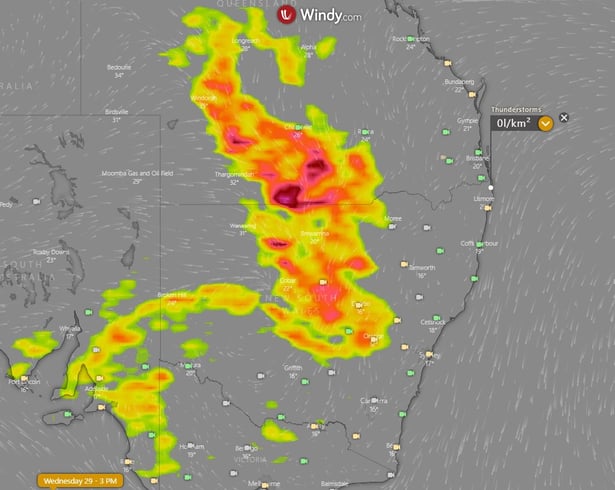Image 2: Thunderstorm forecast for Wednesday afternoon from the ECMWF Model (Source: Windy.com)