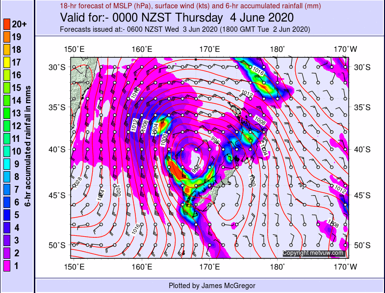 Synoptic chart including precipitation of New Zealand on Thursday 4th June, 2020 (Source: Metvuw.com)