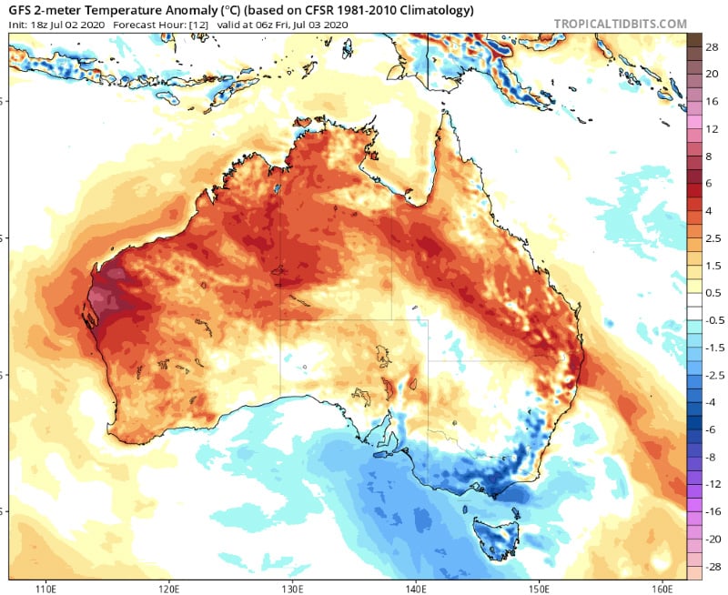 Temperature anomoly across Australia at 4pm AEST Friday 3 July, 2020