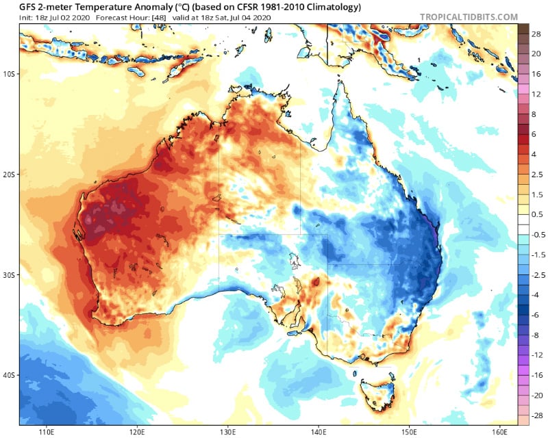 Temperature anomoly across Australia at 4am AEST Sunday 5 July, 2020