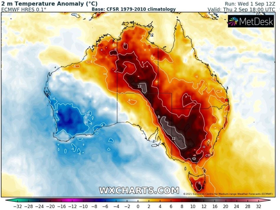 Image 2: Temperature anomalies across Australia for Thursday 2 September, 2021 (Source: Wxcharts.com)