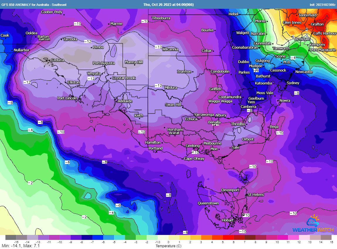 GFS 850 temperature anomalies, showing 850 temperatures up to 15 degrees below average