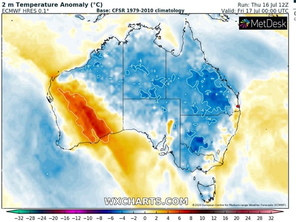 Temperature anomoly across Queensland this morning (Friday 17th July, 2020). Source: WXcharts.com