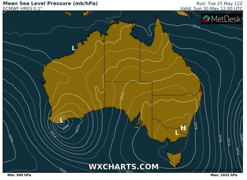Image 3: Synoptic chart for Sunday 30th May, 2021 showing the low pressure system over southwest WA