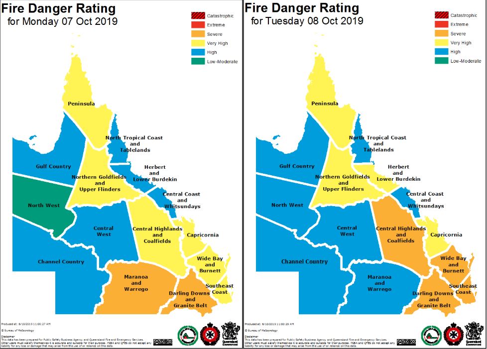 QFES fire danger ratings, Monday and Tuesday