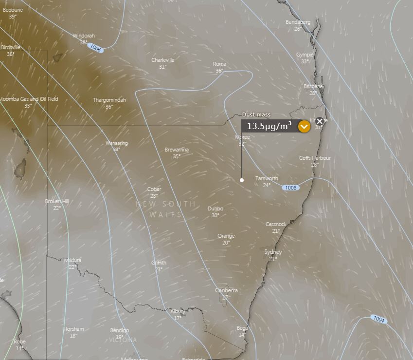 Dust mass for NSW, Saturday everning