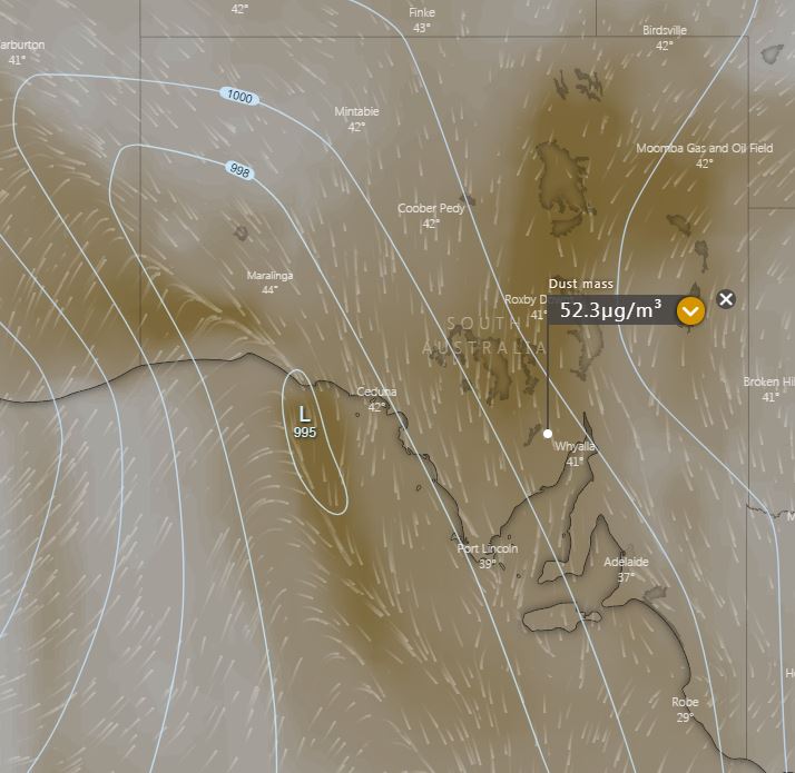 Dust mass for SA, Wednesday afternoon